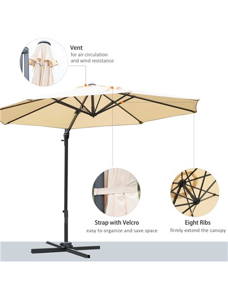 Outsunny 3(m) Patio Offset Parasol Roma Umbrella Cantilever Hanging Sun Shade Canopy Shelter 360° Rotation with Cross Base - Bei - pic 48267 | FastDaddyshop