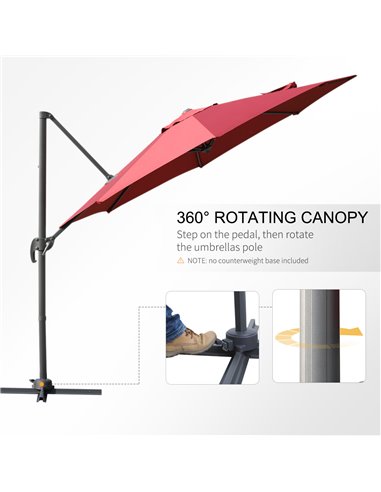 Outsunny Cantilever Roma Parasol Garden Sun Umbrella 360° Rotation w/ Cross Base-Wine Red 84D-052WR
