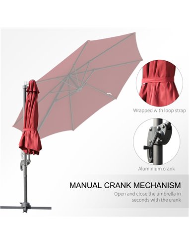 Outsunny Cantilever Roma Parasol Garden Sun Umbrella 360° Rotation w/ Cross Base-Wine Red 84D-052WR