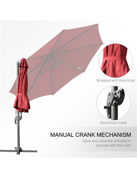 Outsunny Cantilever Roma Parasol Garden Sun Umbrella 360° Rotation w/ Cross Base-Wine Red 84D-052WR - pic 48276 | FastDaddyshop