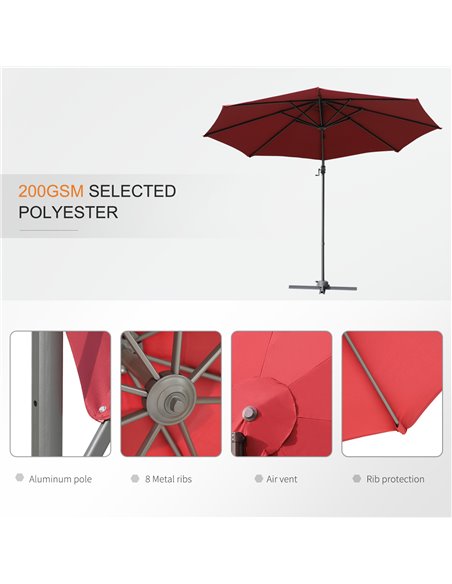 Outsunny Cantilever Roma Parasol Garden Sun Umbrella 360° Rotation w/ Cross Base-Wine Red 84D-052WR - pic 48277 | FastDaddyshop