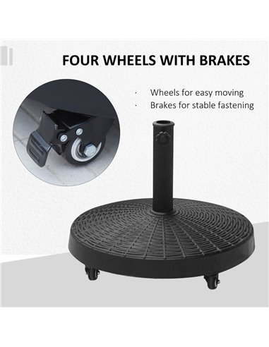Outsunny 22.7kg Resin Patio Parasol Base Umbrella Stand Weight Deck Garden Sunshade Holder Round w/ Wheels Brakes Outdoor 84D-06