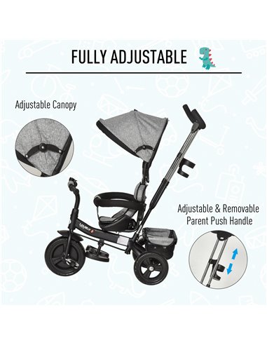 HOMCOM Baby Tricycle Stroller/ Kid Trike with Parent Push Handle Adjustable Canopy Detachable Guardrail Safety Belt  Storage Bag