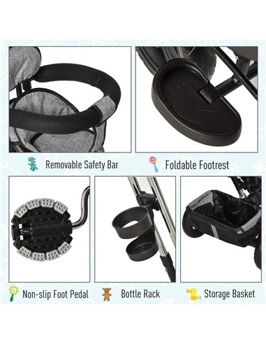 HOMCOM Baby Tricycle Stroller/ Kid Trike with Parent Push Handle Adjustable Canopy Detachable Guardrail Safety Belt  Storage Bag