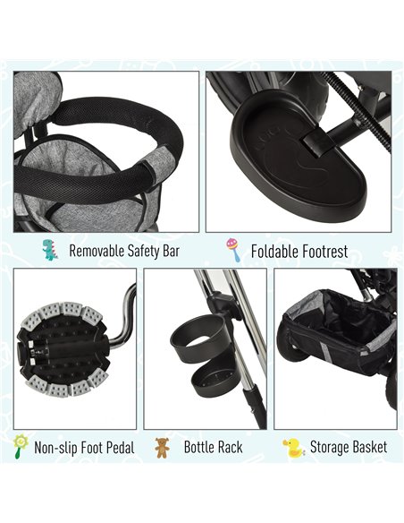 HOMCOM Baby Tricycle Stroller/ Kid Trike with Parent Push Handle Adjustable Canopy Detachable Guardrail Safety Belt  Storage Bag - pic 4832 | FastDaddyshop