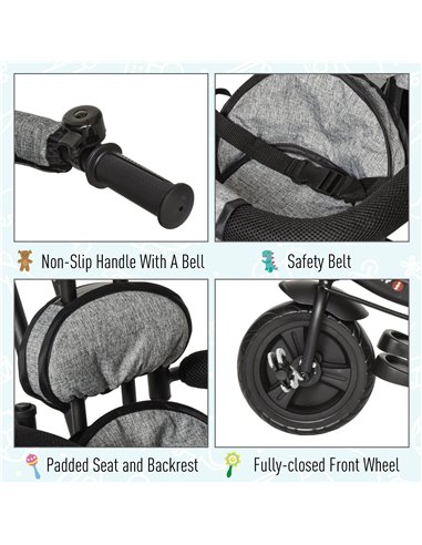 HOMCOM Baby Tricycle Stroller/ Kid Trike with Parent Push Handle Adjustable Canopy Detachable Guardrail Safety Belt  Storage Bag