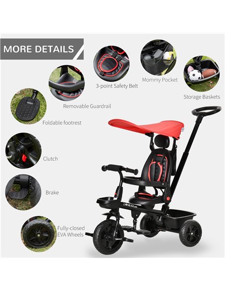 HOMCOM 4 in 1 Baby Tricycle Toddler Stroller Foldable Pedal Tricycle w/ Reversible Angle Adjustable Seat Removable Handle Canopy - pic 4842 | FastDaddyshop