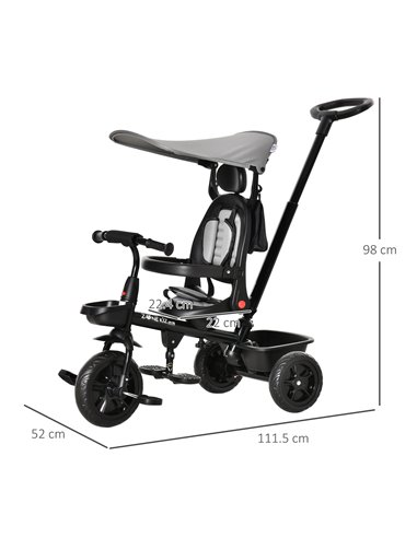 HOMCOM Four-In-One Tricycle w/ Reversible Seat Adjustable Canopy Removable Handle For Age 1-5 Years -Grey 
