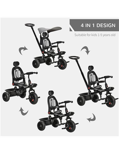 HOMCOM Four-In-One Tricycle w/ Reversible Seat Adjustable Canopy Removable Handle For Age 1-5 Years -Grey 