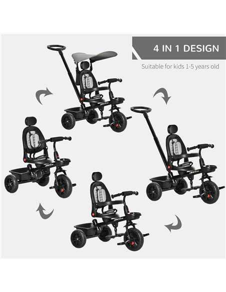 HOMCOM Four-In-One Tricycle w/ Reversible Seat Adjustable Canopy Removable Handle For Age 1-5 Years -Grey  - pic 4846 | FastDaddyshop