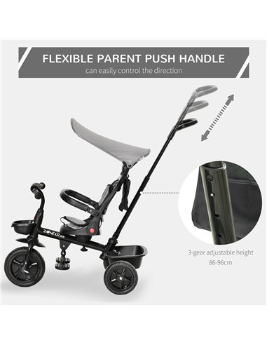 HOMCOM Four-In-One Tricycle w/ Reversible Seat Adjustable Canopy Removable Handle For Age 1-5 Years -Grey 
