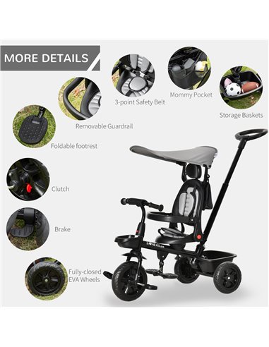 HOMCOM Four-In-One Tricycle w/ Reversible Seat Adjustable Canopy Removable Handle For Age 1-5 Years -Grey 