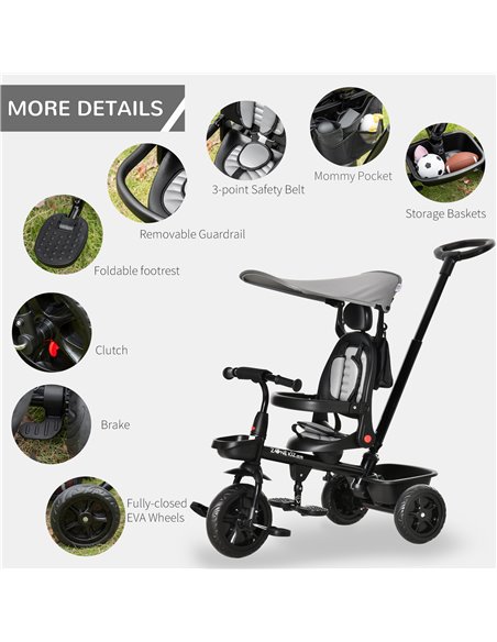 HOMCOM Four-In-One Tricycle w/ Reversible Seat Adjustable Canopy Removable Handle For Age 1-5 Years -Grey  - pic 4850 | FastDaddyshop