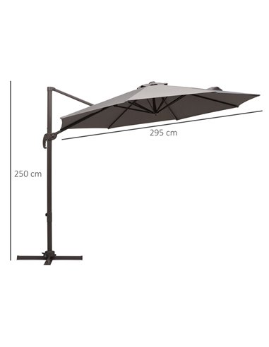 Outsunny 3M Roma Umbrella Sun Shade Cantilever Hanging Parasol w/ Cross Base Hand Crank Aluminium Frame 360°Rotation - Grey 840-