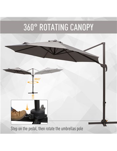 Outsunny 3M Roma Umbrella Sun Shade Cantilever Hanging Parasol w/ Cross Base Hand Crank Aluminium Frame 360°Rotation - Grey 840-