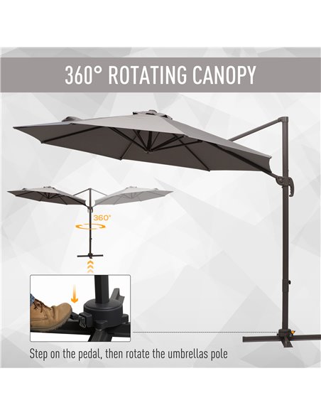 Outsunny 3M Roma Umbrella Sun Shade Cantilever Hanging Parasol w/ Cross Base Hand Crank Aluminium Frame 360°Rotation - Grey 840- - pic 48575 | FastDaddyshop