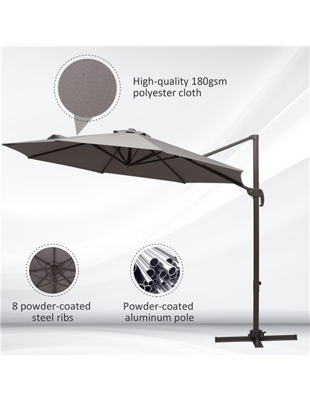 Outsunny 3M Roma Umbrella Sun Shade Cantilever Hanging Parasol w/ Cross Base Hand Crank Aluminium Frame 360°Rotation - Grey 840- - pic 48576 | FastDaddyshop
