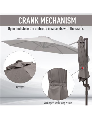 Outsunny 3M Roma Umbrella Sun Shade Cantilever Hanging Parasol w/ Cross Base Hand Crank Aluminium Frame 360°Rotation - Grey 840-