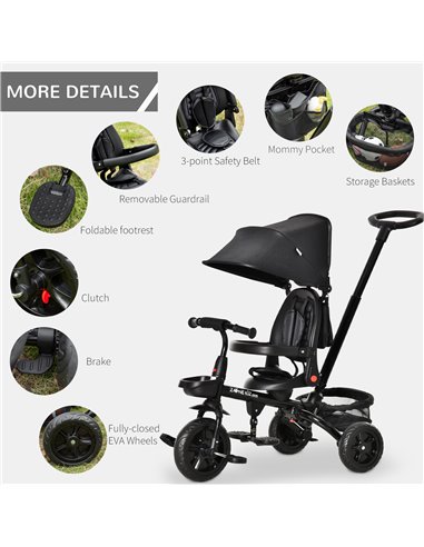 HOMCOM 4 in 1 Baby Tricycle Toddler Stroller Foldable Pedal Tricycle w/ Reversible Angle Adjustable Seat Removable for 1-5 Years
