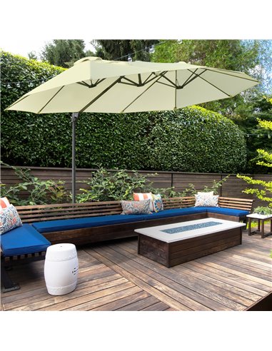 Outsunny Double Parasol Patio Umbrella Garden Sun Shade w/ Steel Pole 12 Support Ribs Crank Handle Easy Lift Twin Canopy - Beige