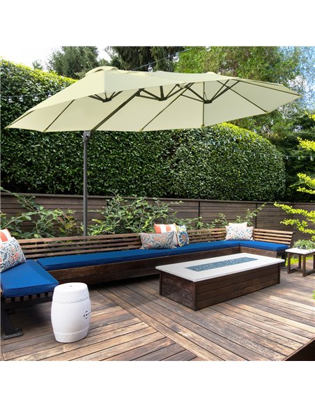 Outsunny Double Parasol Patio Umbrella Garden Sun Shade w/ Steel Pole 12 Support Ribs Crank Handle Easy Lift Twin Canopy - Beige - pic 48590 | FastDaddyshop