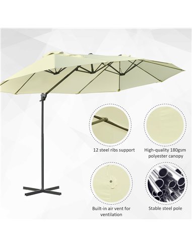 Outsunny Double Parasol Patio Umbrella Garden Sun Shade w/ Steel Pole 12 Support Ribs Crank Handle Easy Lift Twin Canopy - Beige