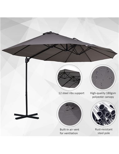 Outsunny Double Parasol Patio Umbrella Garden Sun Shade w/ Steel Pole 12 Support Ribs Crank Handle Easy Lift Twin Canopy - Grey 