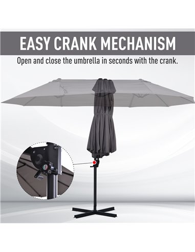 Outsunny Double Parasol Patio Umbrella Garden Sun Shade w/ Steel Pole 12 Support Ribs Crank Handle Easy Lift Twin Canopy - Grey 