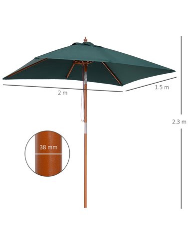 Outsunny Garden Umbrella Patio Umbrella Market Parasol, Outdoor Sunshade 6 Ribs w/ Wood and Bamboo Frame, Brown Green 84D-017GN