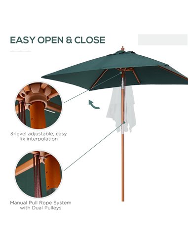 Outsunny Garden Umbrella Patio Umbrella Market Parasol, Outdoor Sunshade 6 Ribs w/ Wood and Bamboo Frame, Brown Green 84D-017GN