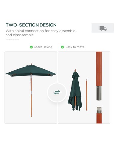 Outsunny Garden Umbrella Patio Umbrella Market Parasol, Outdoor Sunshade 6 Ribs w/ Wood and Bamboo Frame, Brown Green 84D-017GN