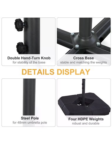 Outsunny 4PCs Fillable Parasol Base w/ Steel Cross Base Garden Umbrella Stand Weight Umbrella Sand Water Plastic Black 84D-089