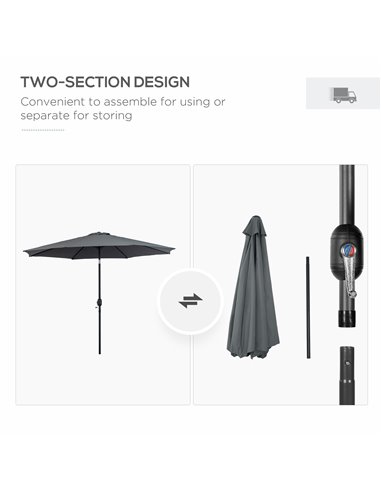 Outsunny 3(m) Tilting Parasol Garden Umbrellas, Outdoor Sun Shade with 8 Ribs, Tilt and Crank Handle for Balcony, Bench, Garden,