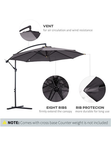 Outsunny 3(m) Garden Banana Parasol Hanging Cantilever Umbrella with Crank Handle, 8 Ribs and Cross Base for Outdoor, Sun Shade,