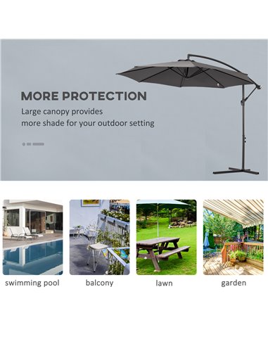 Outsunny 3(m) Garden Banana Parasol Hanging Cantilever Umbrella with Crank Handle, 8 Ribs and Cross Base for Outdoor, Sun Shade,