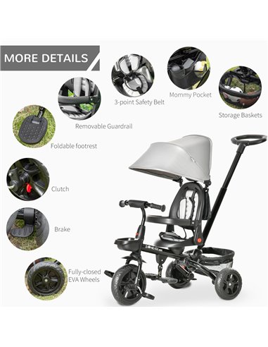 HOMCOM 4 in 1 Baby Tricycle Toddler Stroller Foldable Pedal Tricycle w/ Reversible Angle Adjustable Seat Removable for 1-5 Years