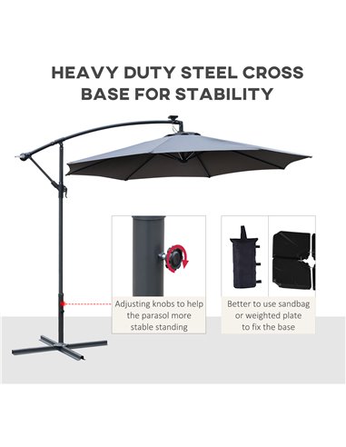 Outsunny 3(m) LED Banana Parasol Garden Cantilever Umbrella with Solar Lights, Crank Handle and Cross Base, Hanging Sun Shade, G