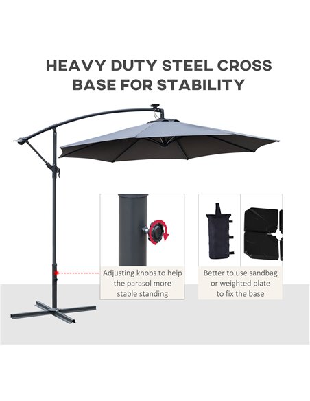 Outsunny 3(m) LED Banana Parasol Garden Cantilever Umbrella with Solar Lights, Crank Handle and Cross Base, Hanging Sun Shade, G - pic 48675 | FastDaddyshop