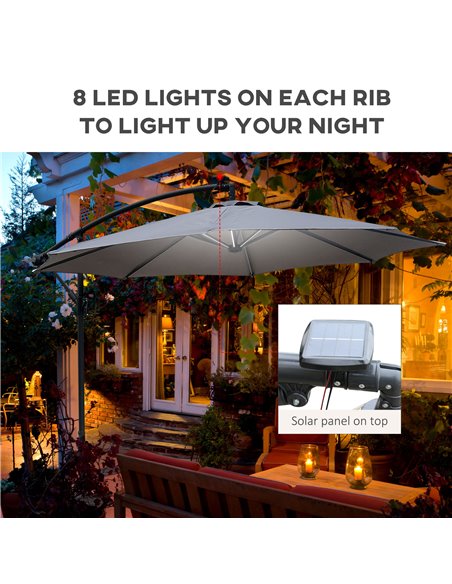 Outsunny 3(m) LED Banana Parasol Garden Cantilever Umbrella with Solar Lights, Crank Handle and Cross Base, Hanging Sun Shade, G - pic 48676 | FastDaddyshop