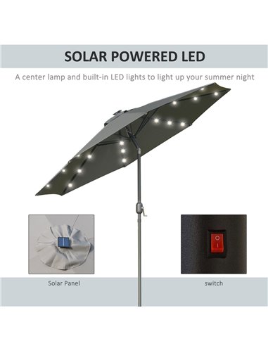 Outsunny 2.7m Garden Parasol, Patio LED Umbrella with Push Button Tilt/Crank 8 Rib Sun Shade for Outdoor Table Market Umbrella G