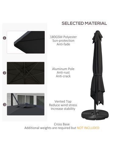 Outsunny 3(m) Cantilever Roma Parasol, Hanging Garden Parasol, Aluminium Square Patio Umbrella with Crank Handle and Tilt, Outdo