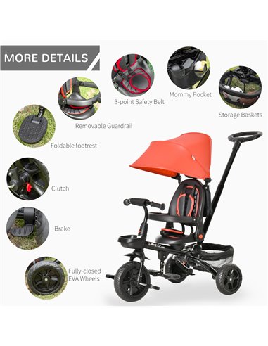 HOMCOM 4 in 1 Baby Tricycle Toddler Stroller Foldable Pedal Tricycle w/ Reversible Angle Adjustable Seat Removable for 1-5 Years