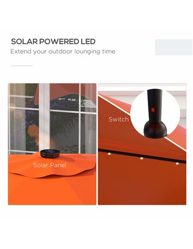 Outsunny Solar Patio Umbrella with LED and Tilt, Outdoor Market Table Umbrella Parasol with Crank, 3 x 3 (m), Orange 84D-328V00O