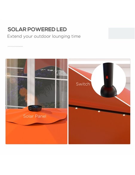 Outsunny Solar Patio Umbrella with LED and Tilt, Outdoor Market Table Umbrella Parasol with Crank, 3 x 3 (m), Orange 84D-328V00O - pic 48754 | FastDaddyshop