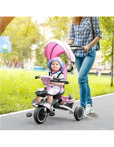 HOMCOM 7-in-1 Tricycle for Kids, Baby Trike with Rotatable Seat, Adjustable Push Handle Safety Harness Detachable Canopy Semi-re