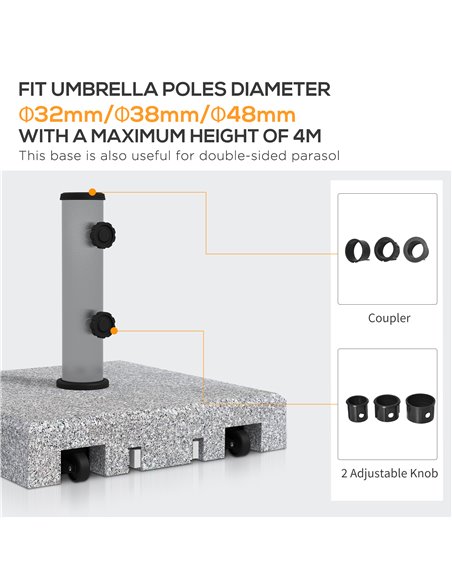 Outsunny Granite Parasol Base, 28kg Heavy Duty Square Umbrella Stand with Wheels, Retractable Handle, Stainless Steel Tube, Grey - pic 48763 | FastDaddyshop