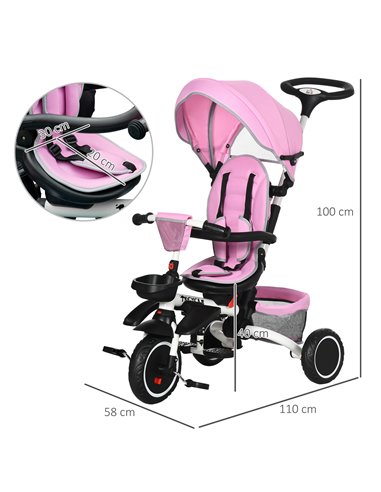 HOMCOM 7-in-1 Tricycle for Kids, Baby Trike with Rotatable Seat, Adjustable Push Handle Safety Harness Detachable Canopy Semi-re