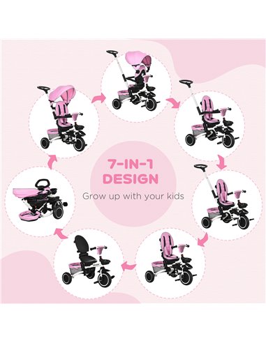 HOMCOM 7-in-1 Tricycle for Kids, Baby Trike with Rotatable Seat, Adjustable Push Handle Safety Harness Detachable Canopy Semi-re