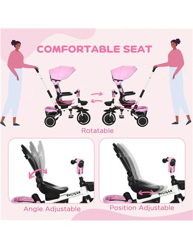 HOMCOM 7-in-1 Tricycle for Kids, Baby Trike with Rotatable Seat, Adjustable Push Handle Safety Harness Detachable Canopy Semi-re