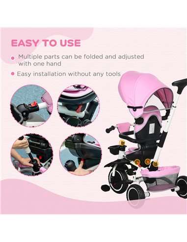HOMCOM 7-in-1 Tricycle for Kids, Baby Trike with Rotatable Seat, Adjustable Push Handle Safety Harness Detachable Canopy Semi-re